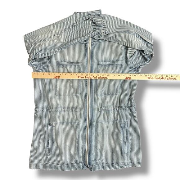 GAP Blue White Railroad Stripe Utility Jacket L Zip Front Waist Chore Coat - Picture 3 of 10